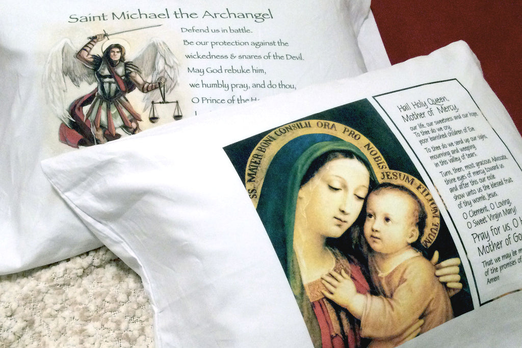 Unique and faith-filled Christmas gifts to say I love you. Beautiful Catholic art and beloved prayers from Prayer Pillowcases now in organic cotton pillow cases too! Dozens of saints and prayers available like these vibrant designs featuring the Prayer to St. Michael and the Hail Holy Queen.