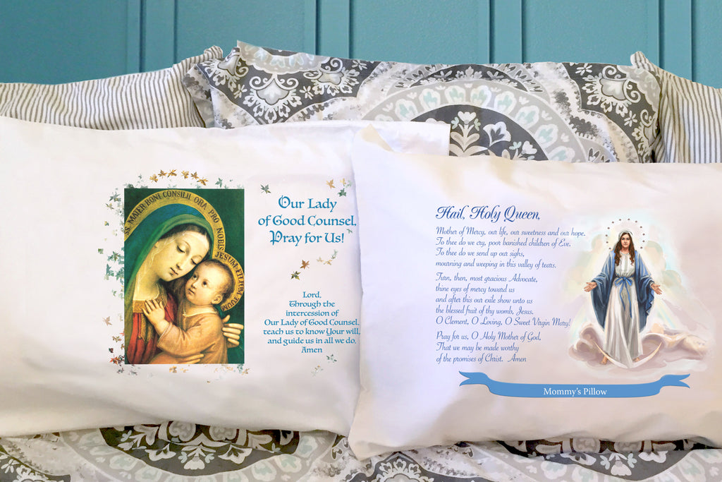 These beautiful Catholic pillowcases with prayers to the Virgin Mary nurture devotion and gratitude to Mary especially during the month of May. 
