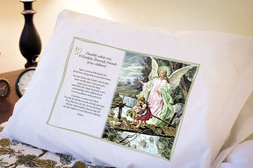 With a Mother's Prayer to her children's Guardian Angels right on our Catholic pillowcase it's easy to pray this gift of love and faith for our kids every single day.