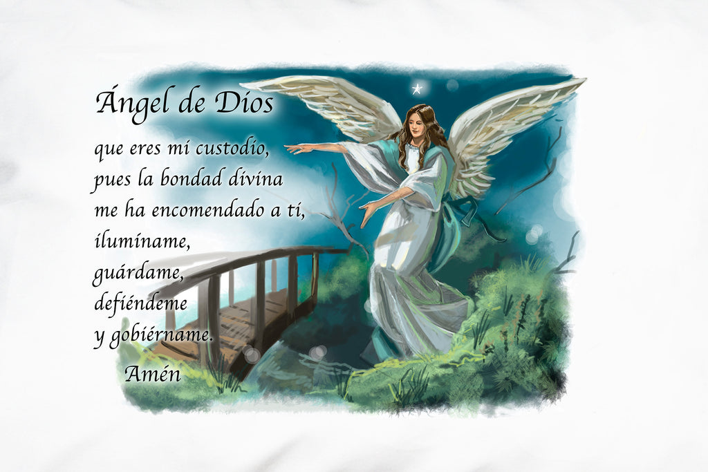 This is a closeup of the Angel de Dios (Angel of God) Prayer Pillowcase.
