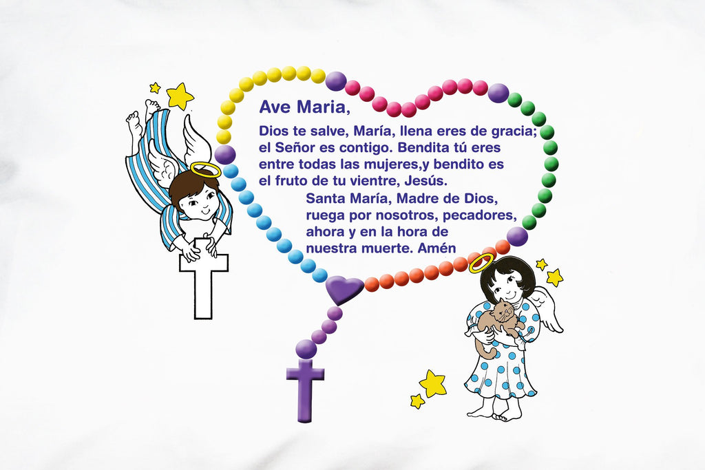 This is one side of the joyful Ángeles Pequeños: Padre Nuestro y el Ave María Prayer Pillowcase