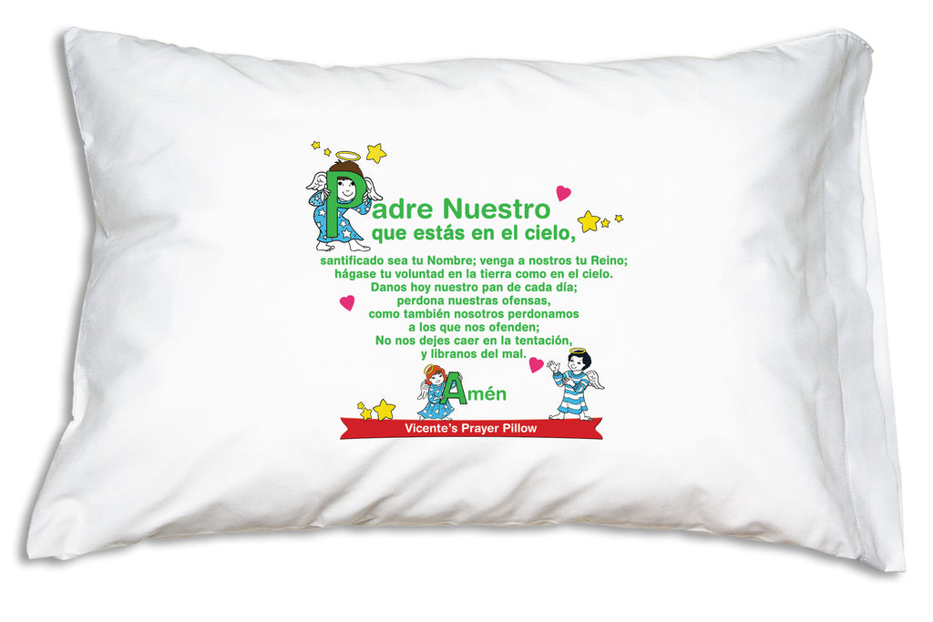 The name goes on a bright banner when you personalize Ángeles Pequeños: Padre Nuestro y el Ave María Prayer Pillowcase