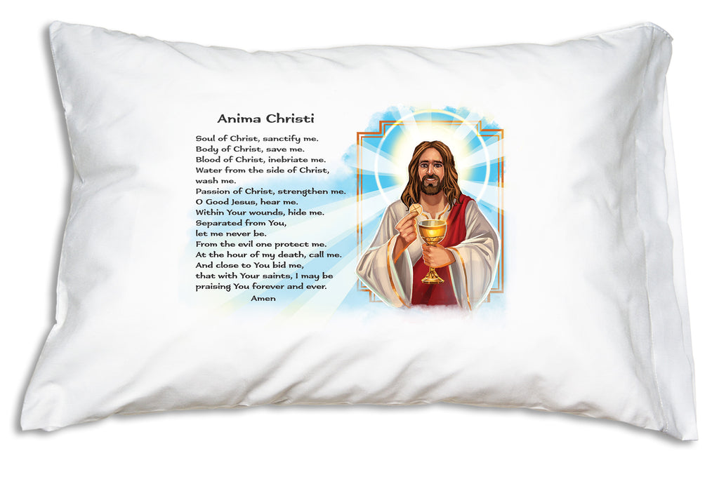 Prayer Pillowcases' Anima Christi design features this uplifting portrait of Jesus alongside the beloved Anima Christi prayer.