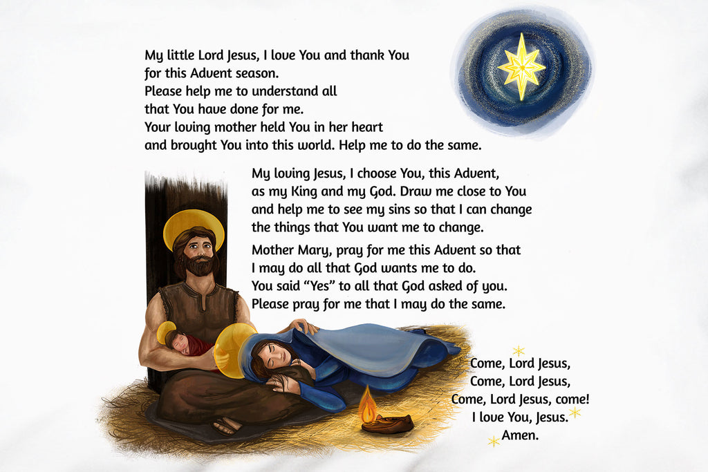 Here's a closeup of the Child's Advent Prayer and our beautiful Holy Family portrait on the pillowcase.