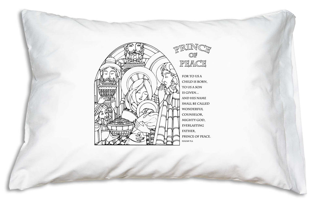 The tranquil, hopeful, holy scene on the Prince of Peace Scripture Color Me Pillowcase will lead all hearts to a peaceful night's sleep this Christmas season! 