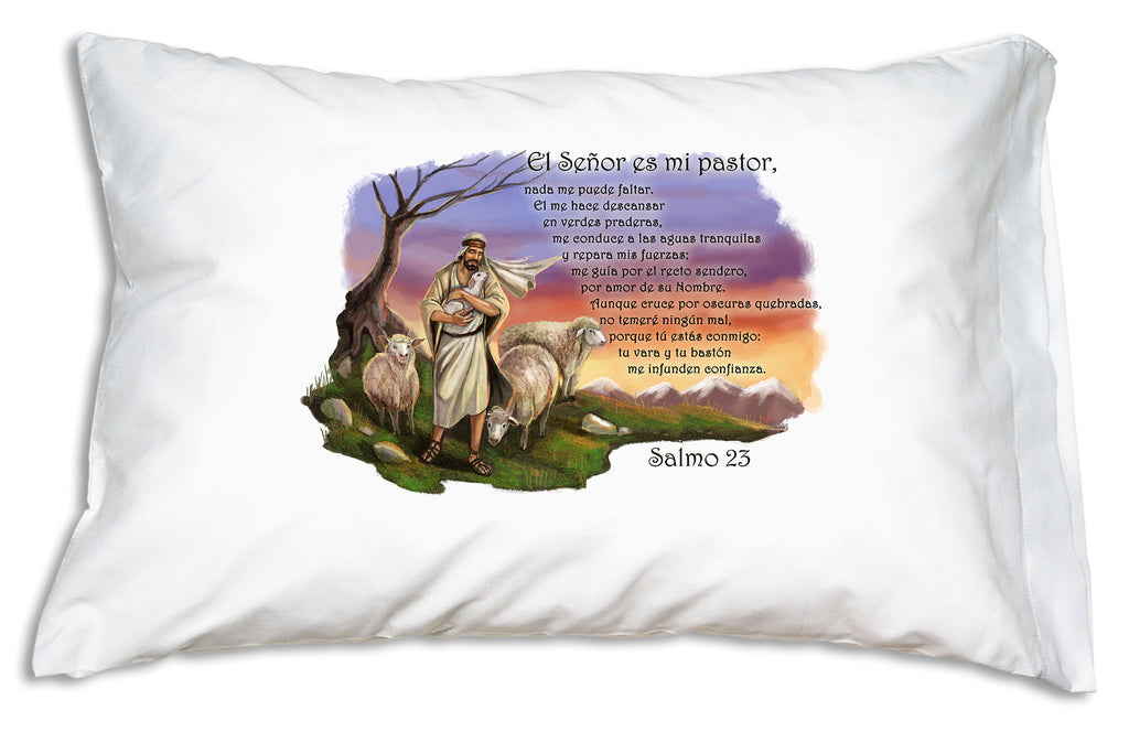 This Prayer Pillowcase features Salmo 23 (Psalm 23) and a beautiful illustration of Our Lord as El Buen Pastor (the Good Shepherd).