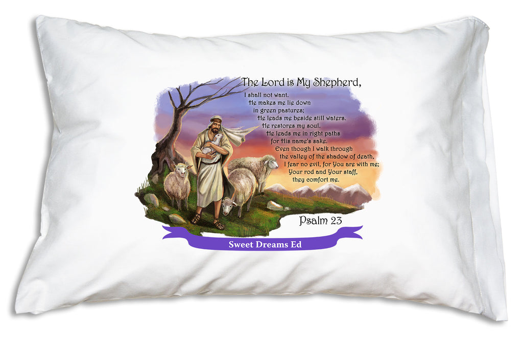 The name goes on a bright banner when you personalize the Good Shepher Psalm 23 pillow case at Prayer Pillowcases.