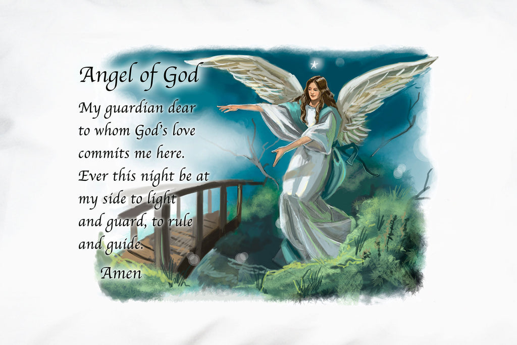 A closeup of the Guardian Angel design by Prayer Pillowcases.