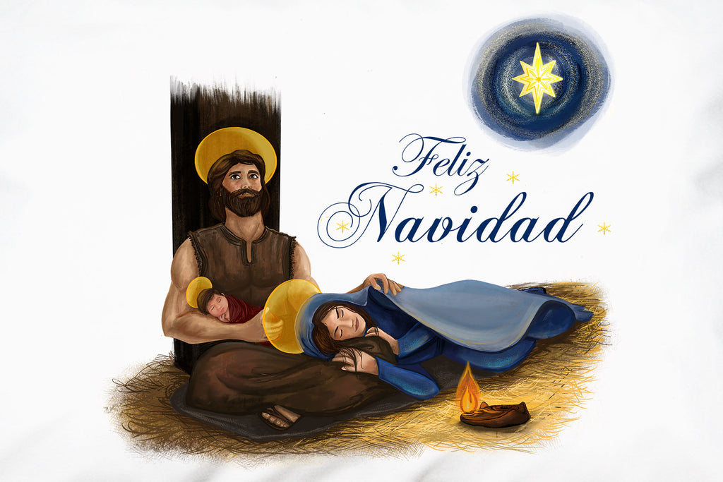 Here you see the Holy Family at rest and Feliz Navidad printed on the pillowcase.