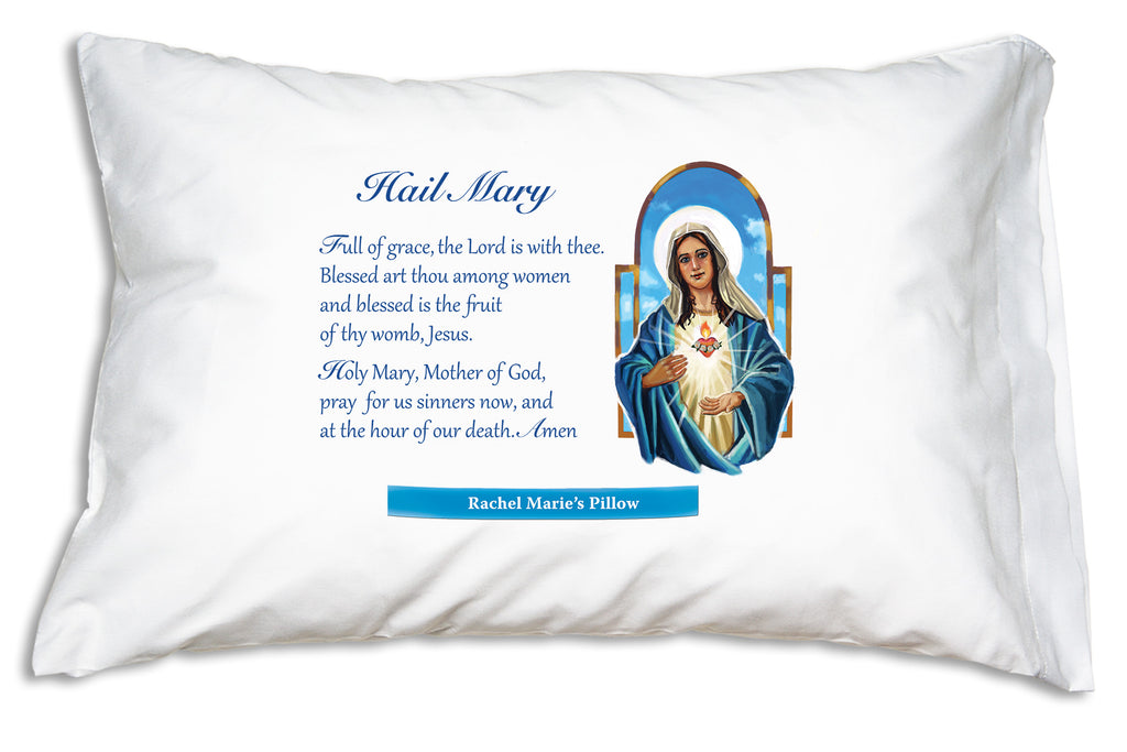 Choose to personalize this Immaculate Heart Marian Prayer Pillowcase design and we'll add the name on a bright banner.