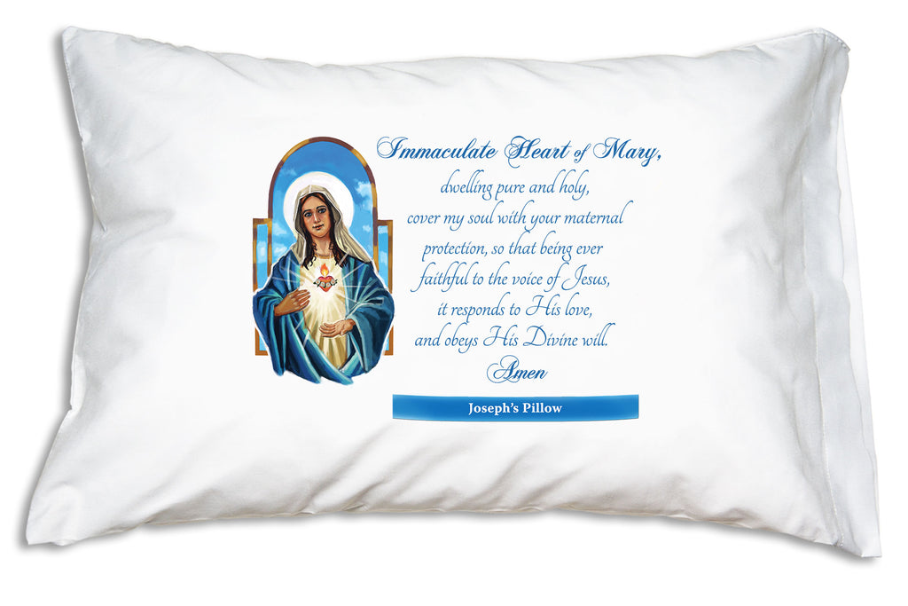 We place the name on this blue banner when you personalize the Immaculate Heart of Mary Prayer Pillowcase.