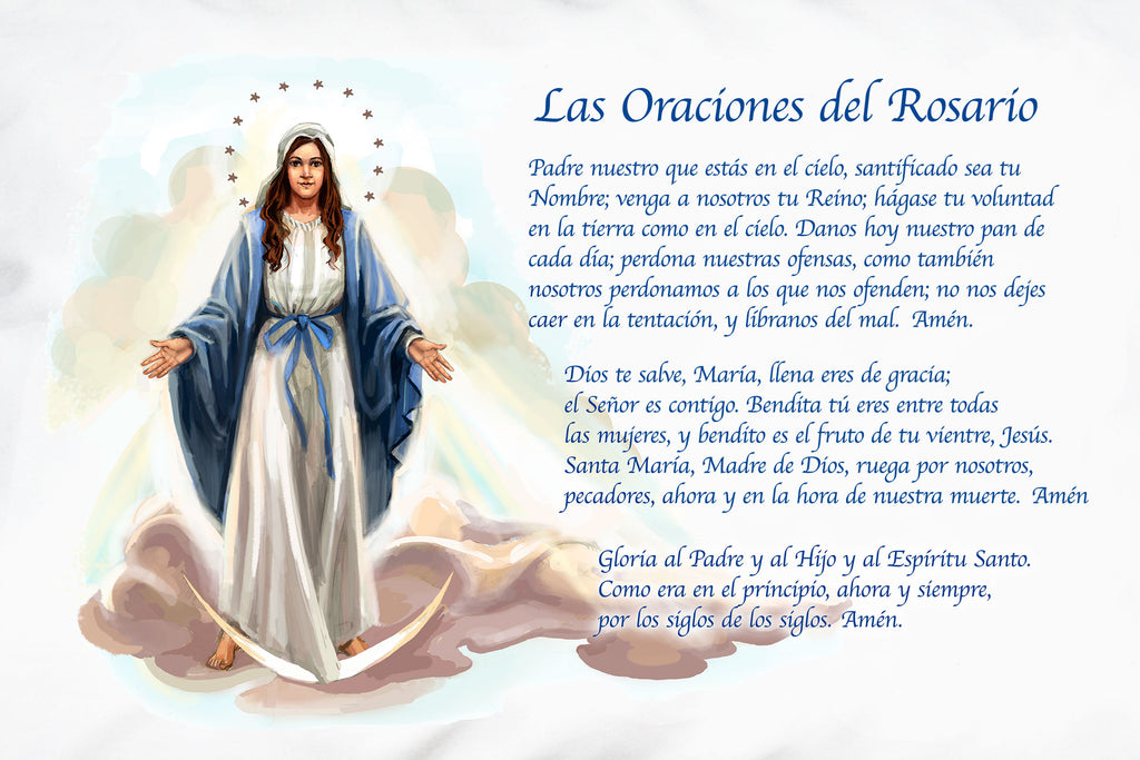 Here's a detail of the lovely Las Oraciones del Rosario (Prayers of the Rosary) pillow case design from Prayer Pillowcases.