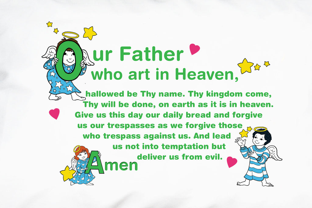 A closeup of the cheery angels and the Our Father prayer for children.