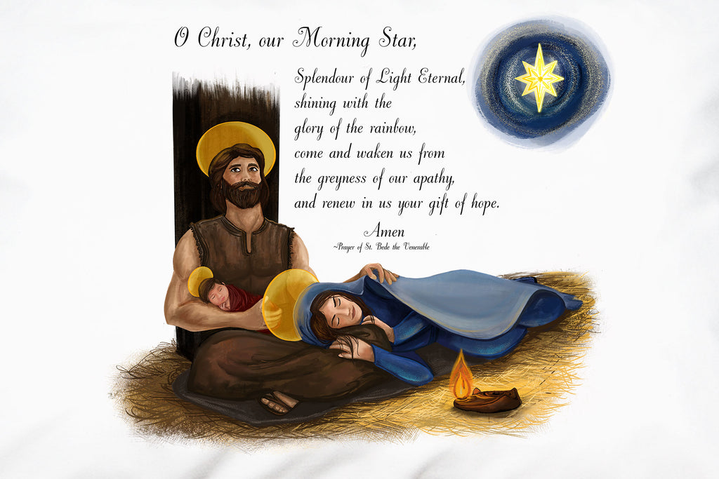 This Christms Prayer Pillowcase has peaceful portrait of the Holy Family with an Advent prayer by St. Bede.