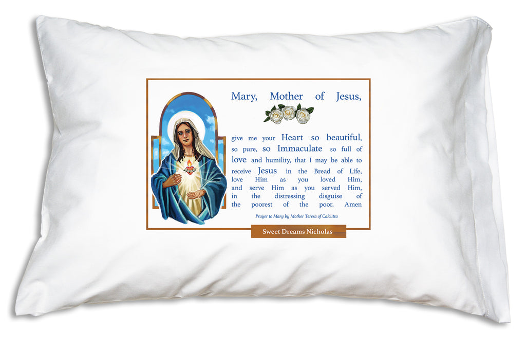 We add the name to a special banner when you personalize this Marian design from Prayer Pillowcases.
