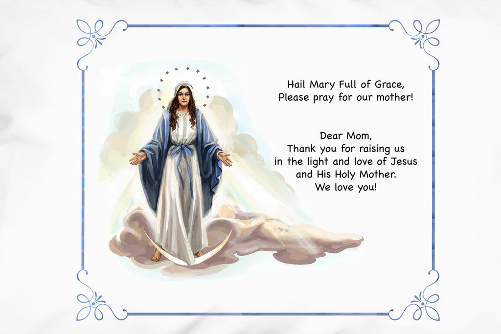 Here's a closeup of the lovely Dear Mom Our Lady of Grace devotional Prayer Pillowcase.