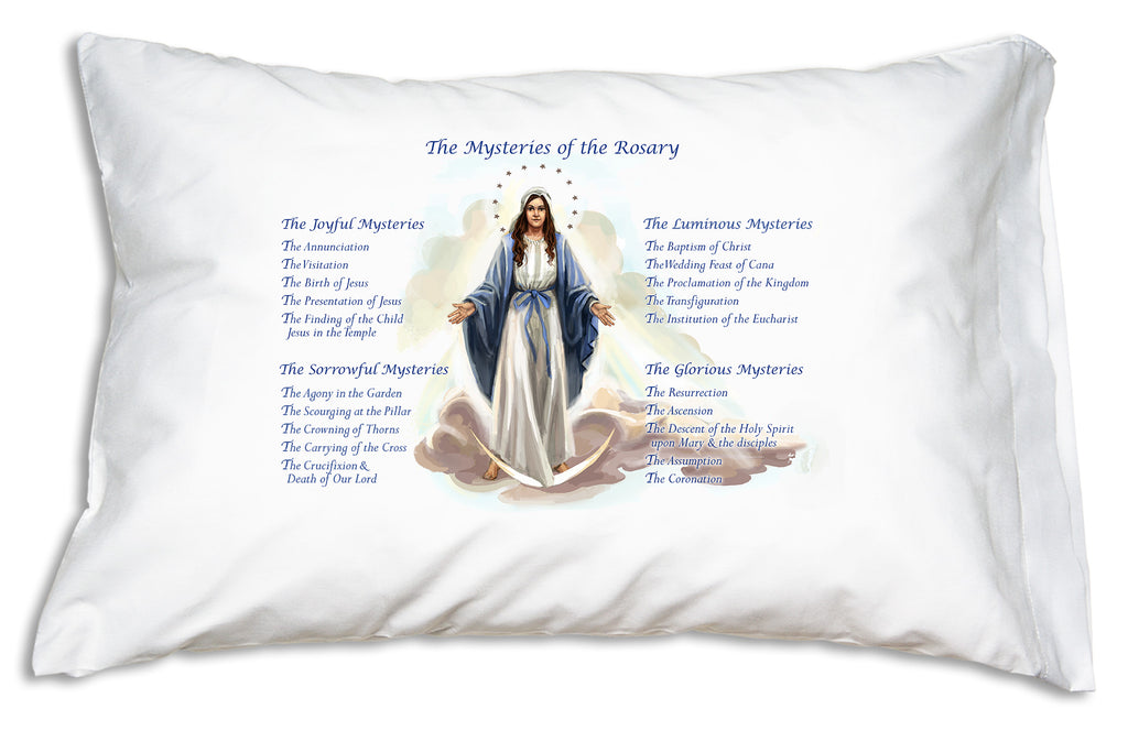 Prayer Pillowcases Our Lady of Grace: Rosary Mysteries design features the Joyful, Glorious, Sorrowful and Luminous Mysteries encircling this pretty devotional illustration of Our Lady of Grace.