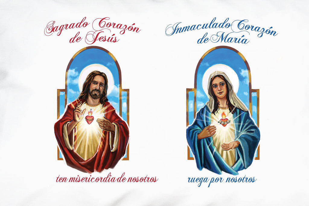 A closeup of Prayer Pillowcases Sagrado Corazón (Sacred Heart) and Inmaculado Corazón (Immaculate Heart) Spanish pillow case