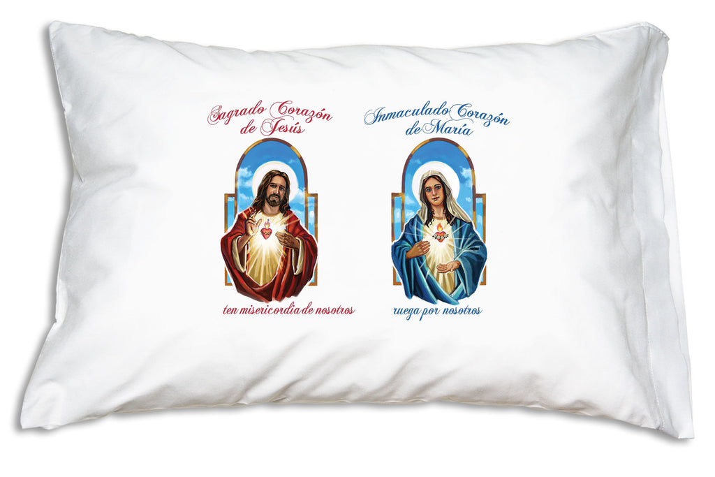 The Sagrado Corazón de Jesús (Jesus and His Sacred Heart) and the Inmaculado Corazón de María (Immaculate Heart of Mary) Prayer Pillowcase