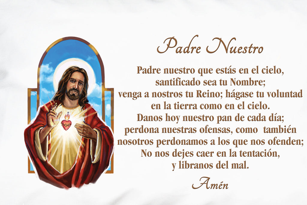 Here is a closeup of the Spanish Prayer Pillowcase Sagrado Corazón de Jesús: Padre Nuestro.
