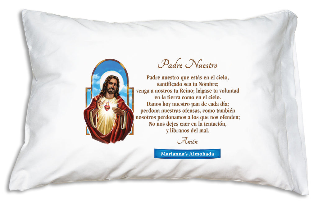 When you personalize the Sagrado Corazón de Jesús Prayer Pillowcase we'll add the name to a festive banner like this.