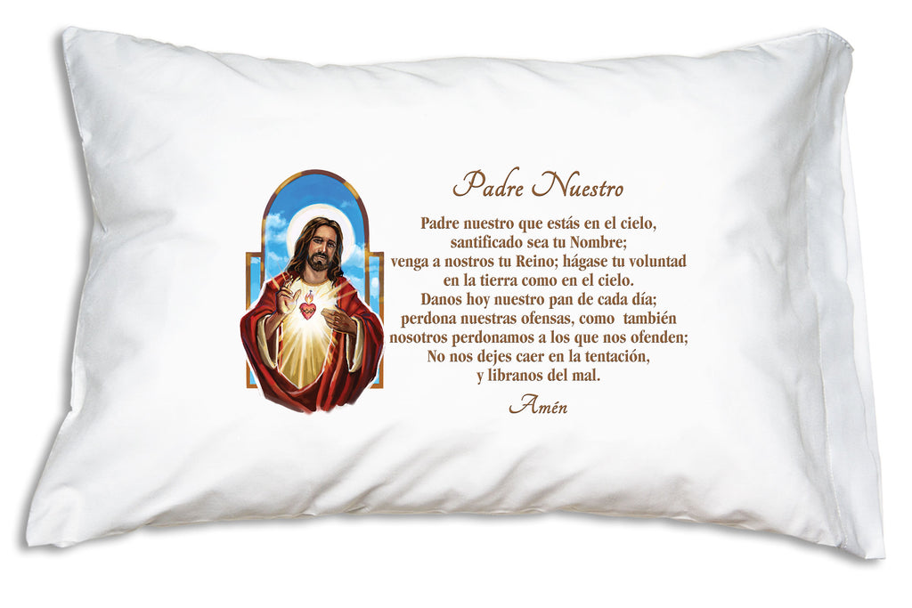 The Sagrado Corazón de Jesús Padre Nuestro Prayer Pillowcase features The Padre Nuestro (Our Father)alongside a pretty image of el Sagrado Corazón de Jesús.