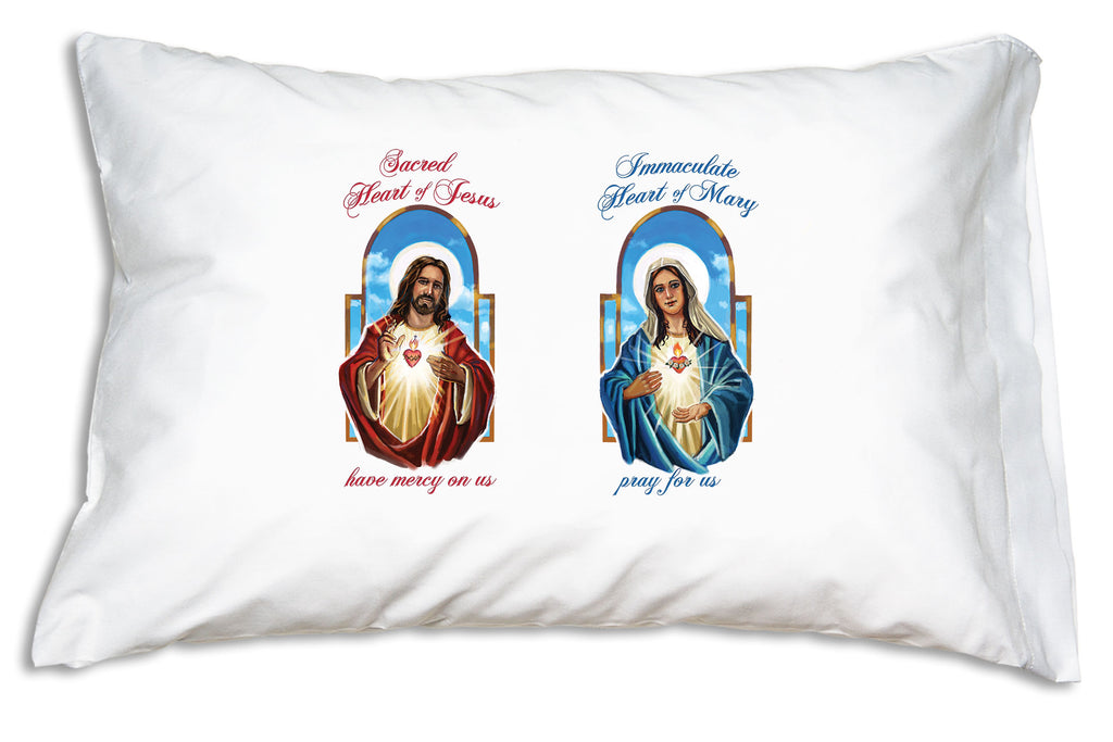 Our devotional designs include this Sacred and Immaculate Hearts Prayer Pillowcase.