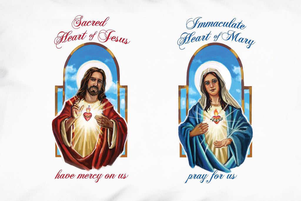 A closeup of this Prayer Pillowcase highlights the holy images of Jesus the Sacred Heart and the Immaculate Heart of Mary with traditional prayers.