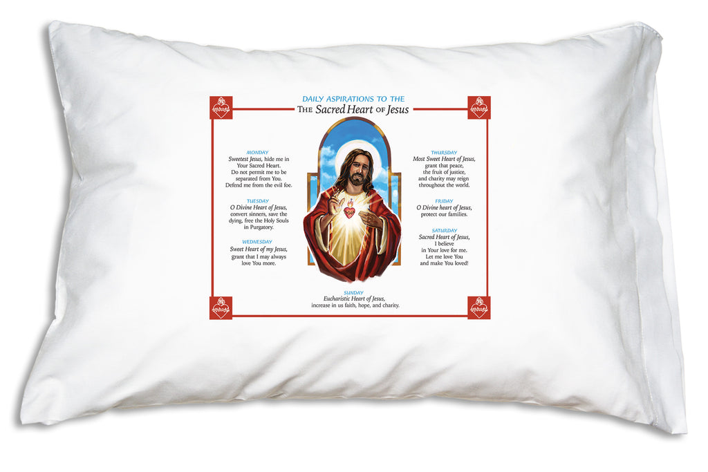 Sacred Heart Daily Aspirations Prayer Pillowcase inspires the faithful with its prayers of praise and petition. 