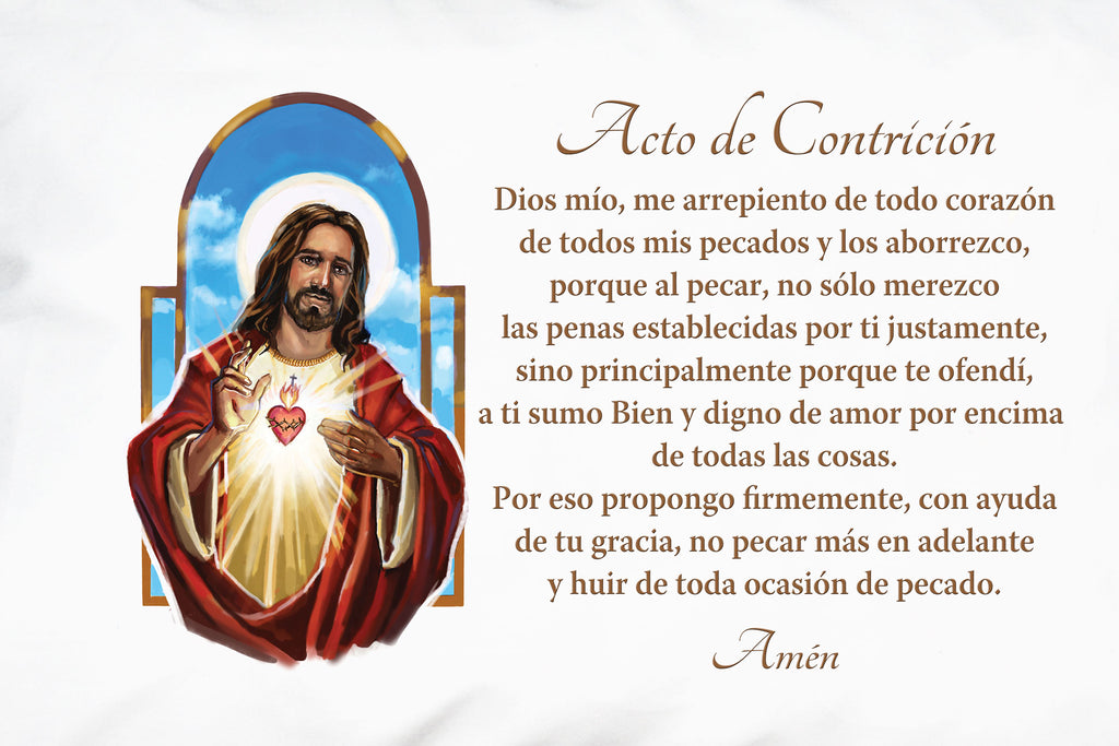 Here's a closeup of Prayer Pillowcases beautiful illustration of the Sagrado Corazón de Jesús (Sacred Heart of Jesus) alongside the Acto de Contrición (Act of Contrition).