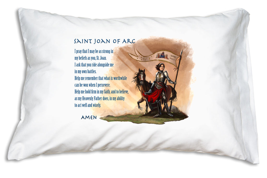 Saint Joan of Arc Prayer Pillowcase with Catholic art and prayer is a great birthday and First Communion gift for Catholic children.