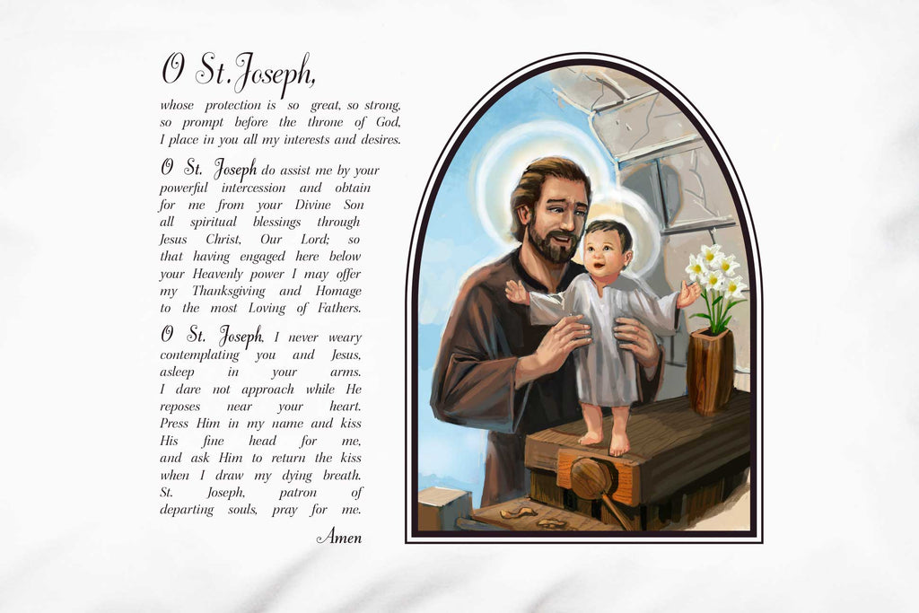 A closeup shows the beloved ancient prayer to St. Joseph on a pillowcase.
