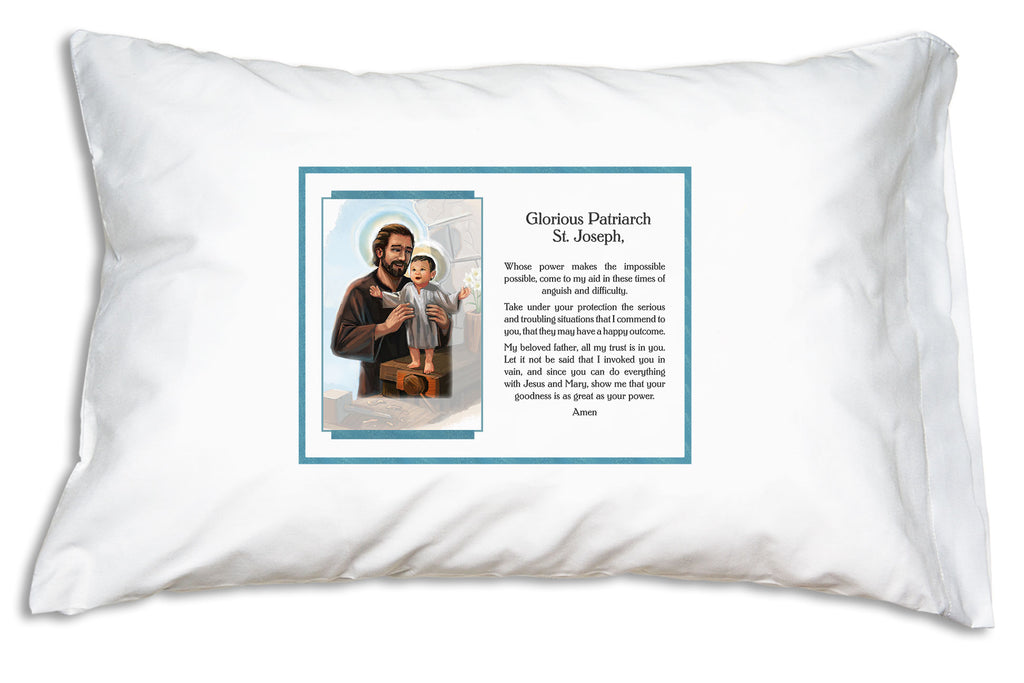 The St. Joseph Glorious Patriarch Pillowcase has a warmly illustrated portrait of the Child Jesus receiving Joseph's tender support and shares the prayer Pope Francis has prayed to St. Joseph for over 40 years.