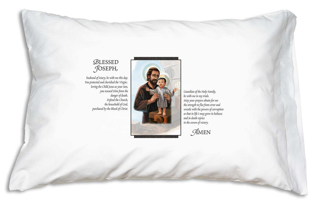 Wonderful devotional Catholic bedding features a tender portrait of St. Joseph and the Child Jesus beside Pope Leo XIII's prayer to St. Joseph on a pillow case.