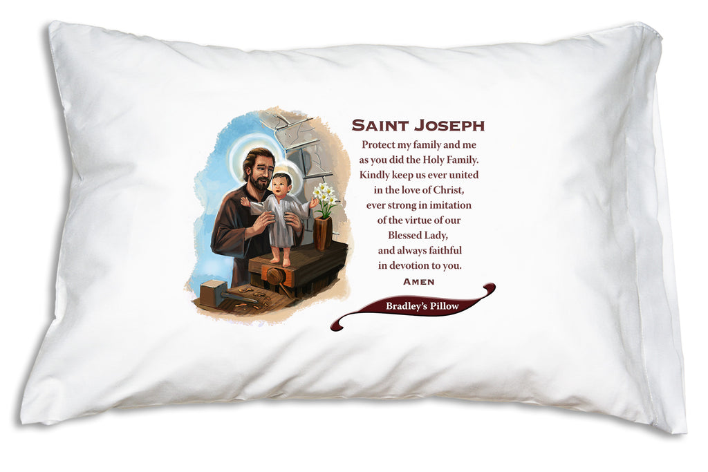 We add the name to a festive banner like this when you personalize a St. Joseph Prayer Pillowcase.