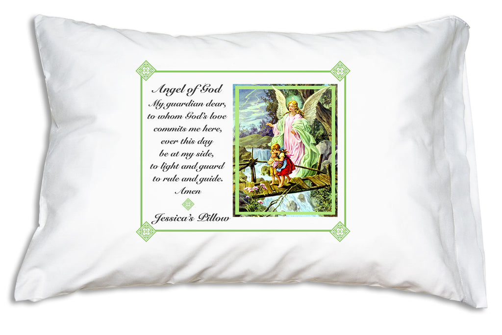 When you personalize the Traditional Guardian Angel Prayer Pillowcase/Green it will look like this.