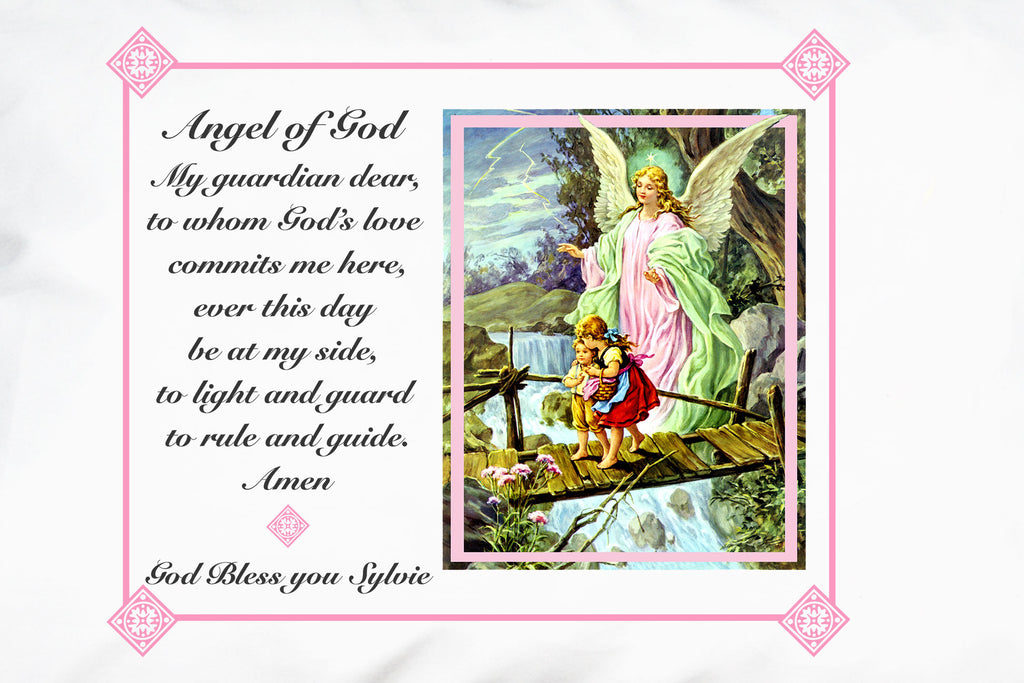 Here's a closeup of how you can personalize a Traditional Guardian Angel Prayer Pillowcase for a sweet Baptism gift.