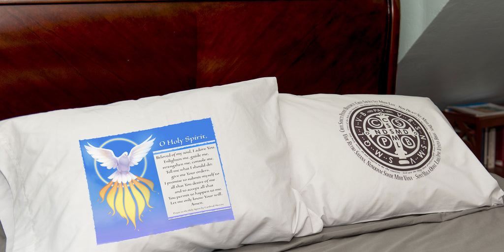 Catholic pillowcases with prayers to the Holy Spirit and St. Benedict Medal are excellent gifts for graduates and confirmation.