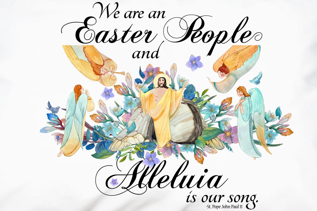 Here's a closeup of our beautiful Easter Prayer Pillowcase featuring Pope JPII's  "Easter People" quote pictured with Christ risen and attended by angels in a heavenly garden.