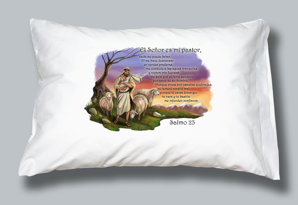 White pillowcase featuring image of Jesus and El Senor es mi Pastor (The Lord is my ShepardI prayer in Spanish