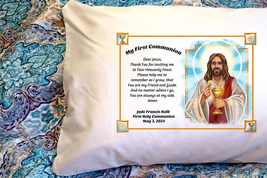 The celebratory First Communion: Dear Jesus Prayer Pillowcase is the perfect First Communion gift for your children, godchildren, grandchildren or nieces and nephews receiving this sacrament. The sweet prayer of thanksgiving and a happy Jesus welcoming them to His feast help children remember the blessings and graces received on their First Holy Communion day, every day! 