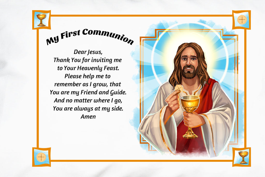 This First Communion Prayer Pillowcase with holy Catholic art and a sweet prayer is the perfect gift for your child, grandchild or godchild to commemorate his or her First Eucharist.