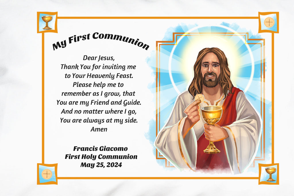 This First Communion Prayer Pillowcase with holy Catholic art and a sweet prayer is the perfect gift to personalize for your child, grandchild or godchild to commemorate his or her First Eucharist.