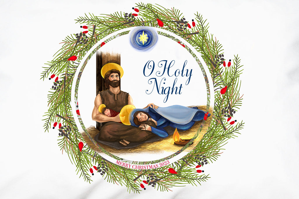 This beautiful Christmas pillowcase from Prayer Pillowcases featuring  a serene portrait of the Holy Family can be personalized like this.