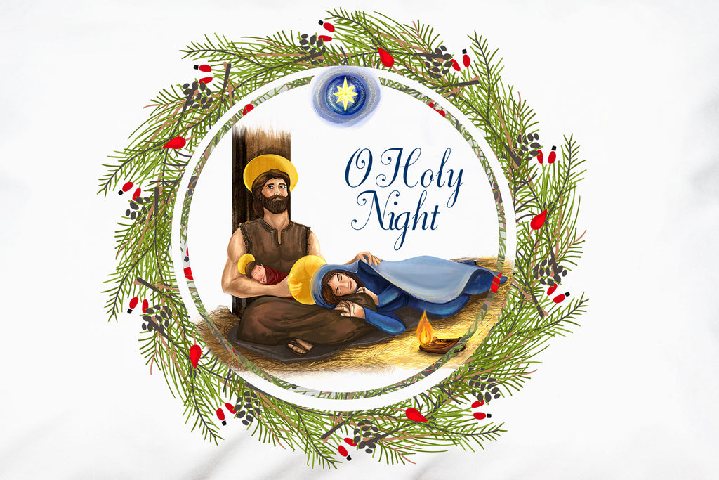 Closeup of the beautiful portrait of the Holy Family on this Christmas pillowcase by Prayer Pillowcases.