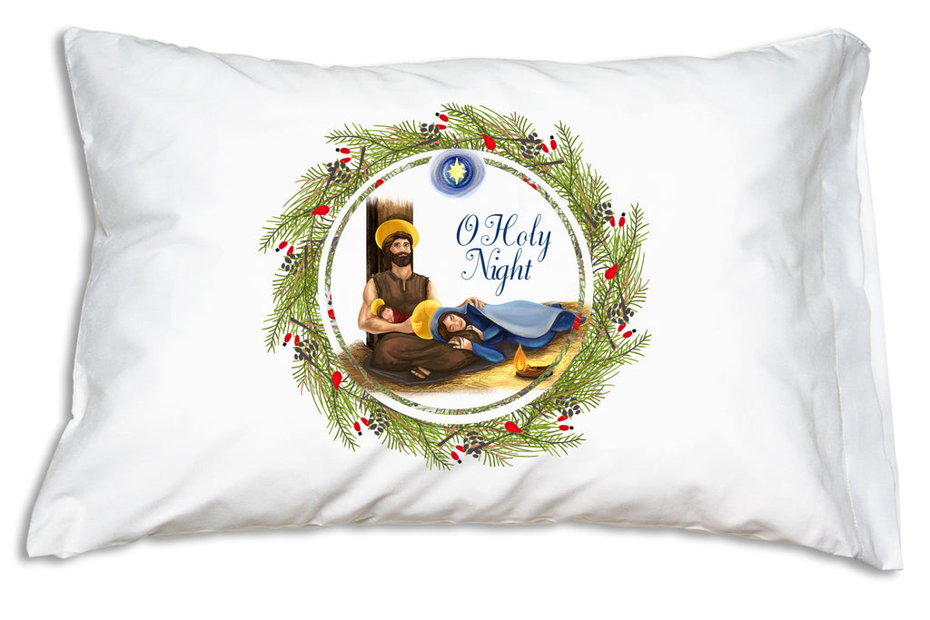 Peaceful portrait of the Holy Family on a pillowcase.