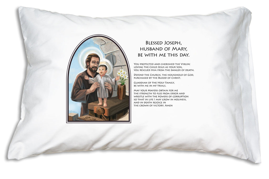 Our Catholic pillow case features the traditional Daily Petition to St. Joseph will a tender scene of the child Jesus with His foster father; our Patron Saint of families, loving, brave and true. 