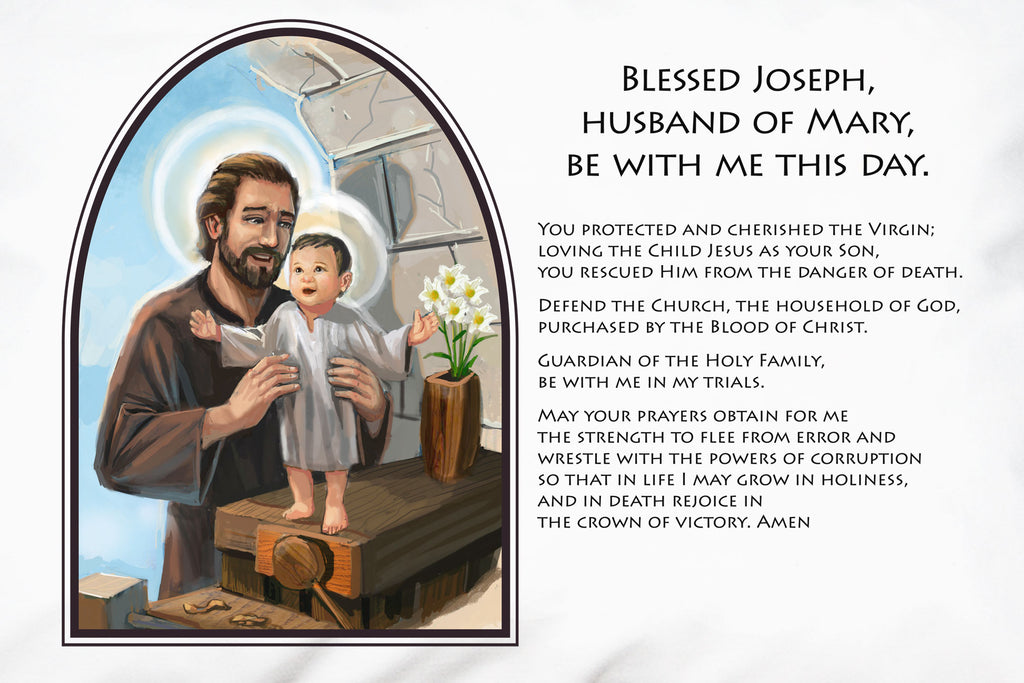 This St. Joseph Prayer Pillowcase features a traditional Catholic Daily Petition to St. Joseph will a tender scene of the child Jesus with His foster father; our Patron Saint of families, loving, brave and true. 