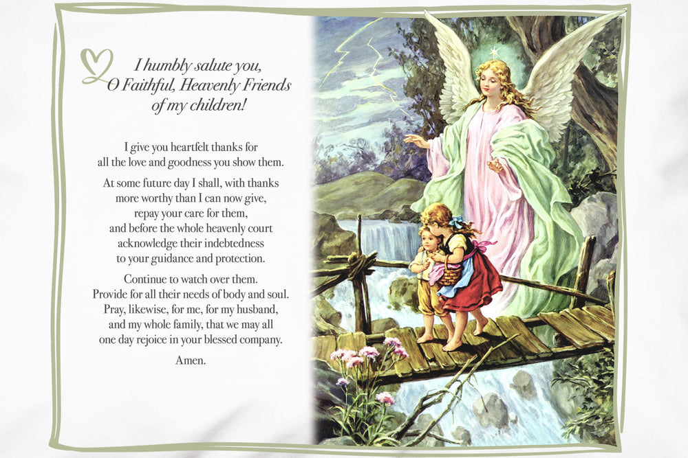 This Catholic Prayer Pillowcase features The Mother's prayer to her children's guardian angels beside the beloved Guardian Angel image.