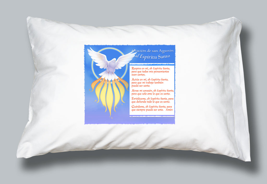 White pillowcase featuring image of a dove and Oracion de san Agustin al Espiritu Santo (Prayer of St Augustine) prayer in Spanish